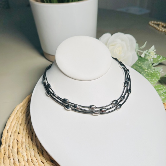 Nine West Silver Tone Beads, Triple Layered Black Cord Necklace 16”-18”. - Picture 4 of 10